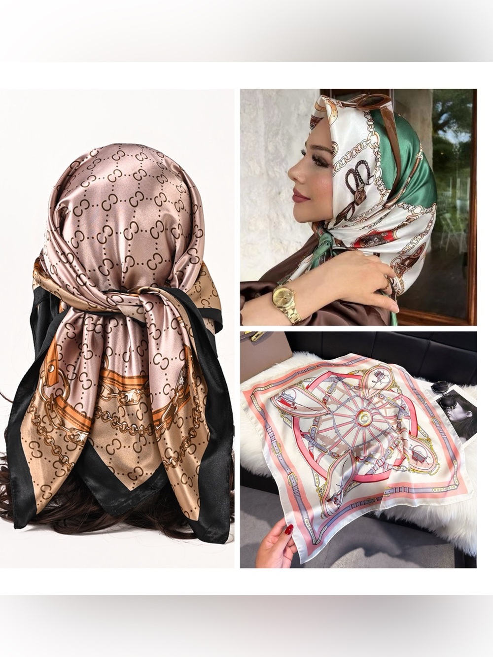 Bundles of 3 Silky Patterned Hijab Scarf in Brown and Green